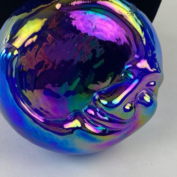 Hand Blown Iridescent Glass Ornament Half Moon Stars Design Blue Purple Vintage - Picture 3 of 10